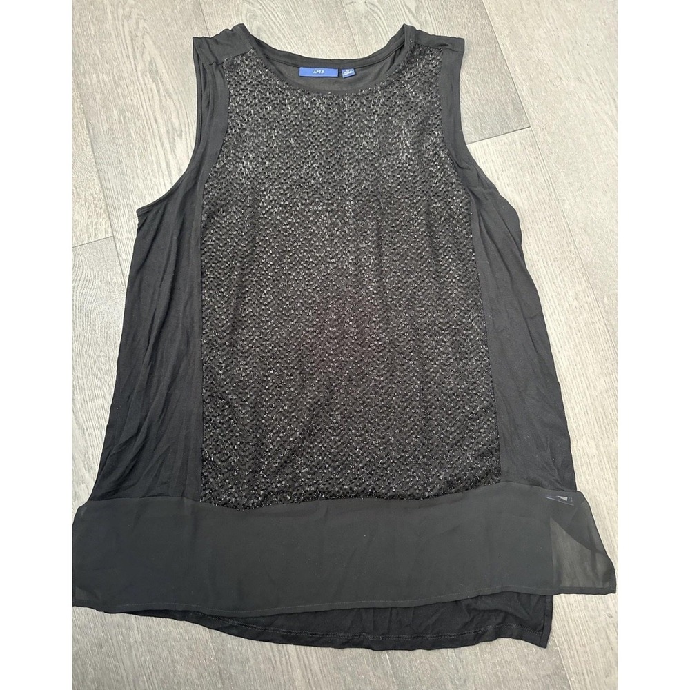 APT.9 Tank Top Womens XL Black Sparkle Front Sheer Hem Dressy Tunic Black‎ Tie